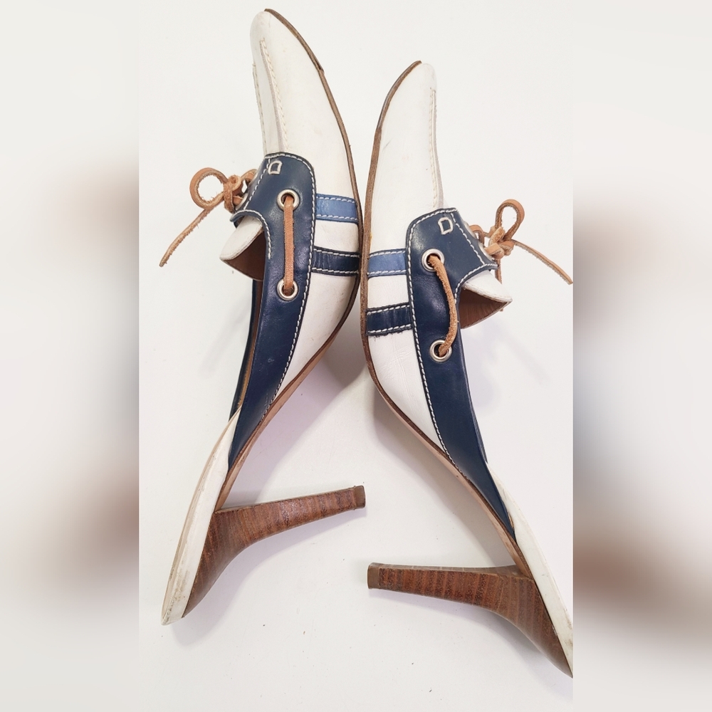 Balenciaga white and Navy Blue mules Heels with Bow  and Pointed Toe size 40 - Picture 3 of 10